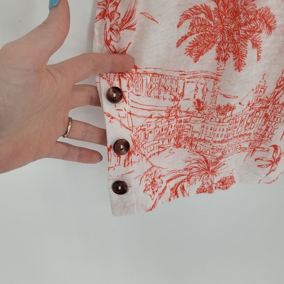 Joie womens medium white rusty orange red tropical print short sleeve linen top - Picture 3 of 9